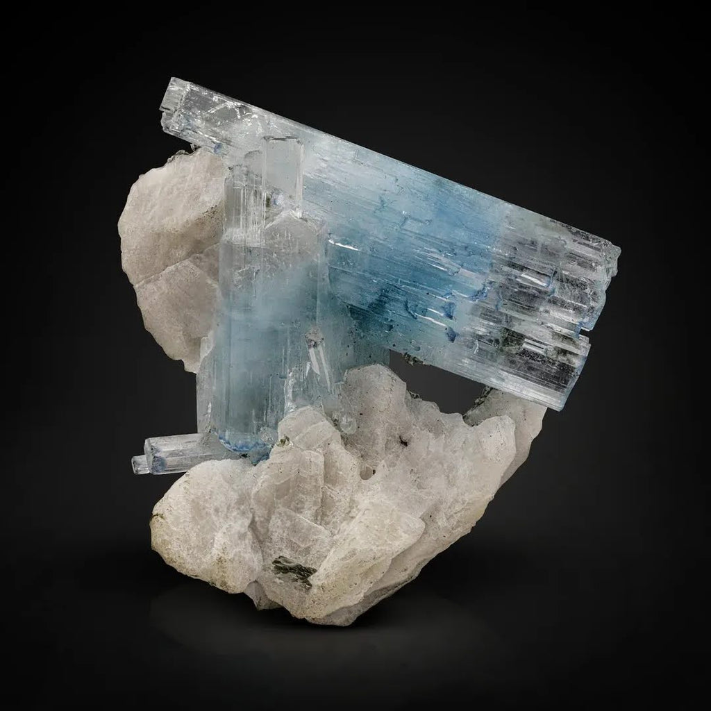 vibrant ink-blue double terminated Aquamarine on Albite from pakistan