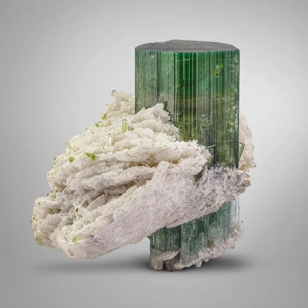 Double Terminated Green Tourmaline on Cleavelandite Rossetts Matrix from Afghanistan