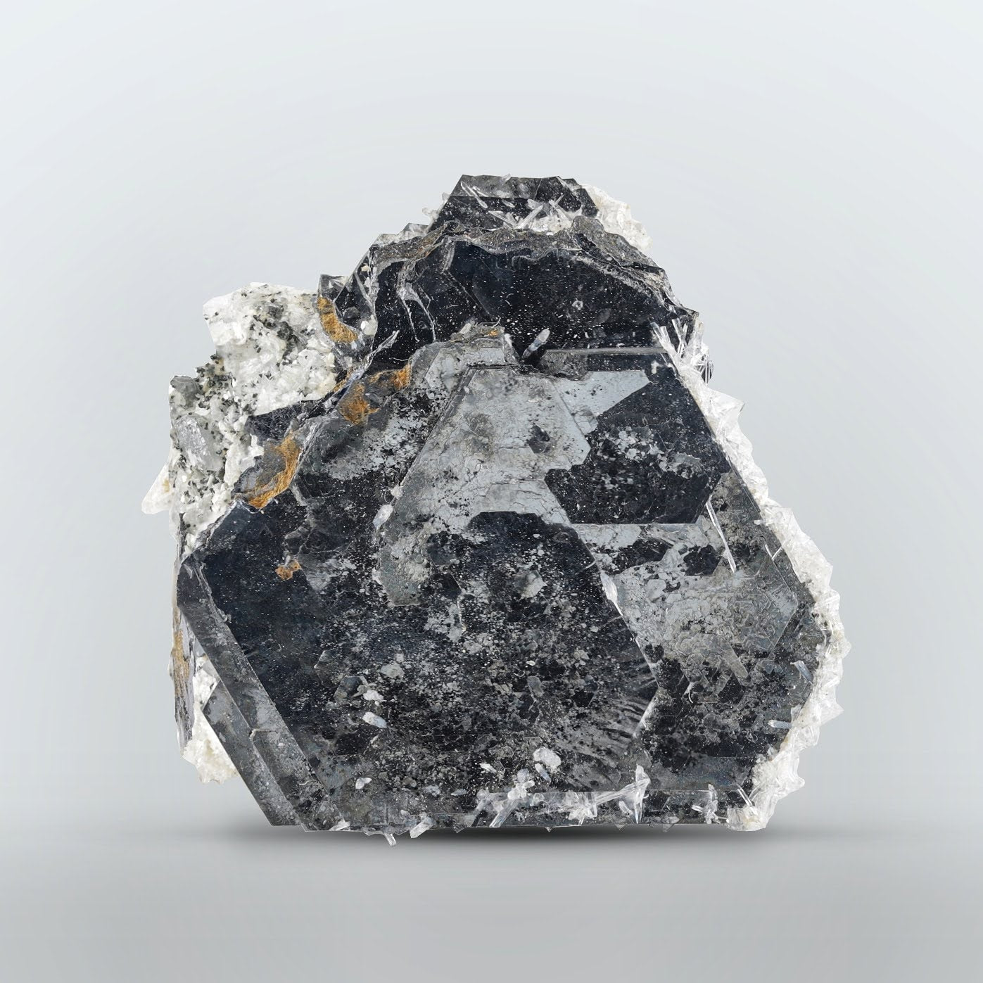 Metallic and lusterious Hematite crystal with contrasting white Albite from Pakistan