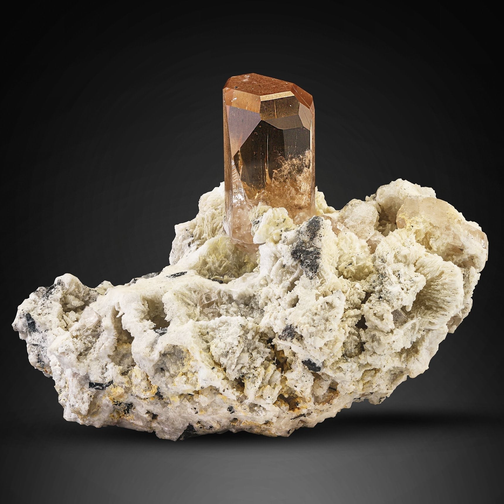 artistic example of gem Topaz crystal on Cleavelandite from Pakistan
