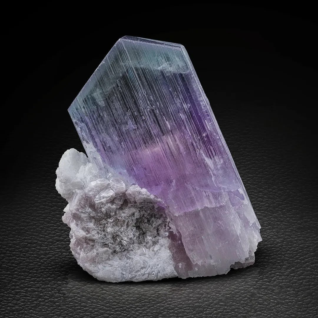 Bicolor Kunzite Crystal Positioned on White Albite Matrix from Afghanistan
