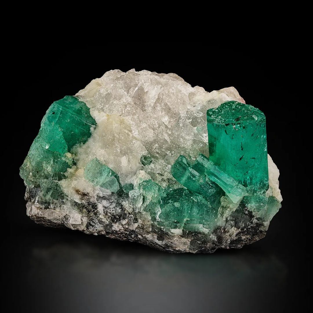 Pure Green Emerald Gem Crystals on Calcite from Pakistan