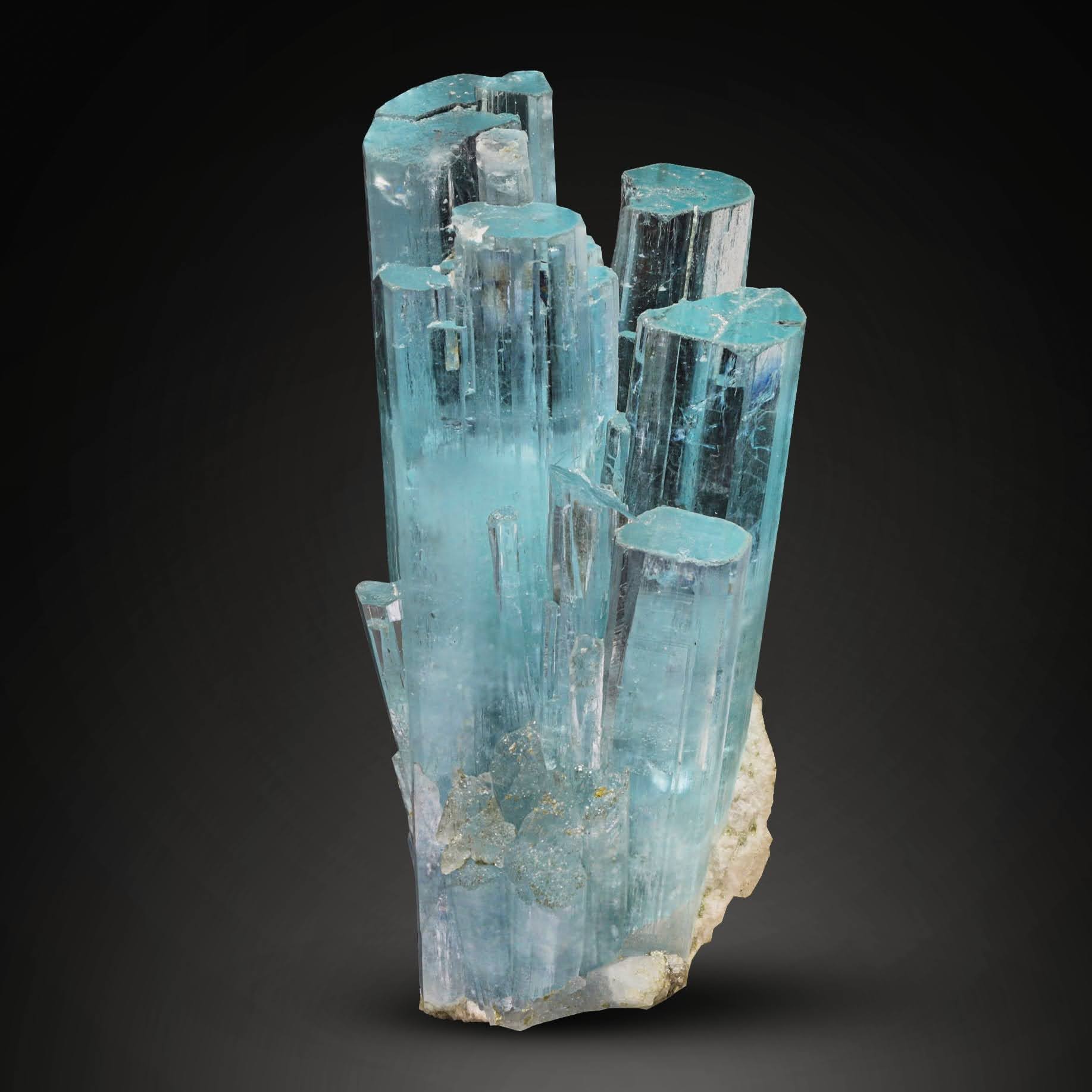 blue cluster of terminated Aquamarine on Albite From Pakistan