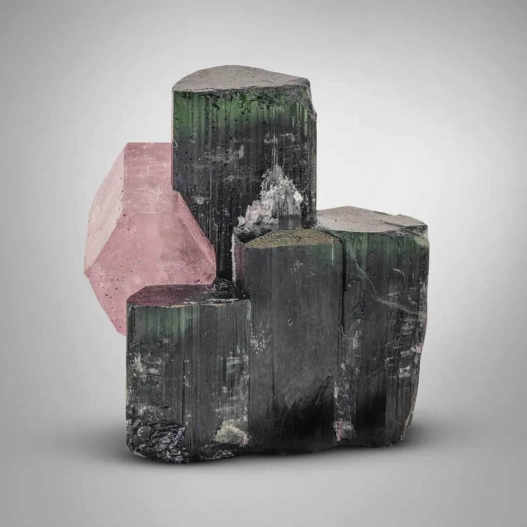 The Trio of Green Cap Tourmaline Crystals with Pink Apatite from Pakistan
