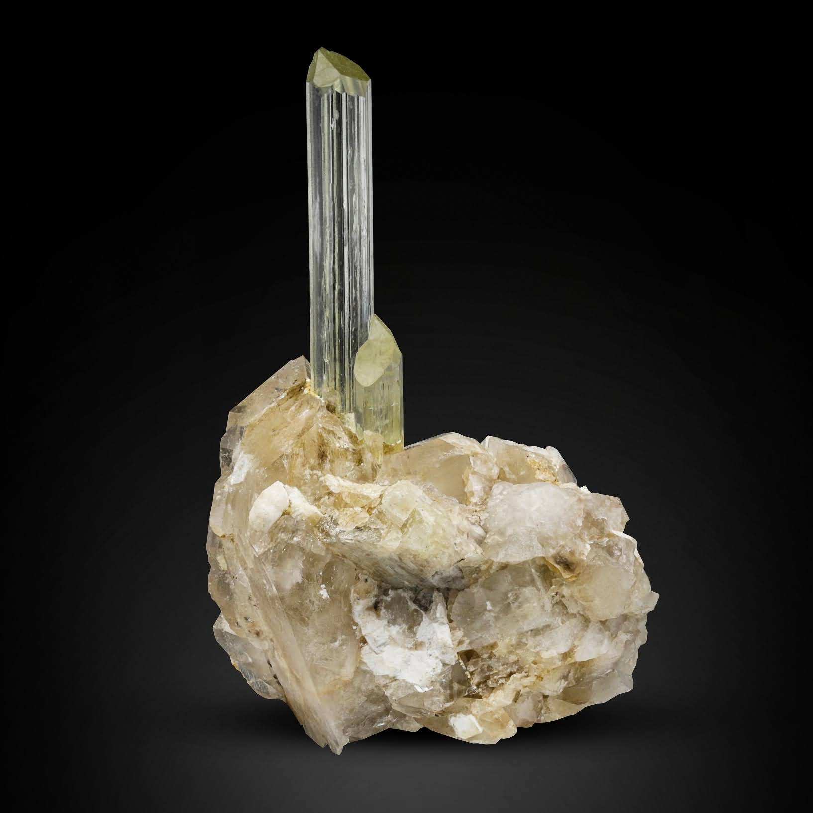 free standing yellow Triphane crystal on Smoky Quartz from Afghanistan