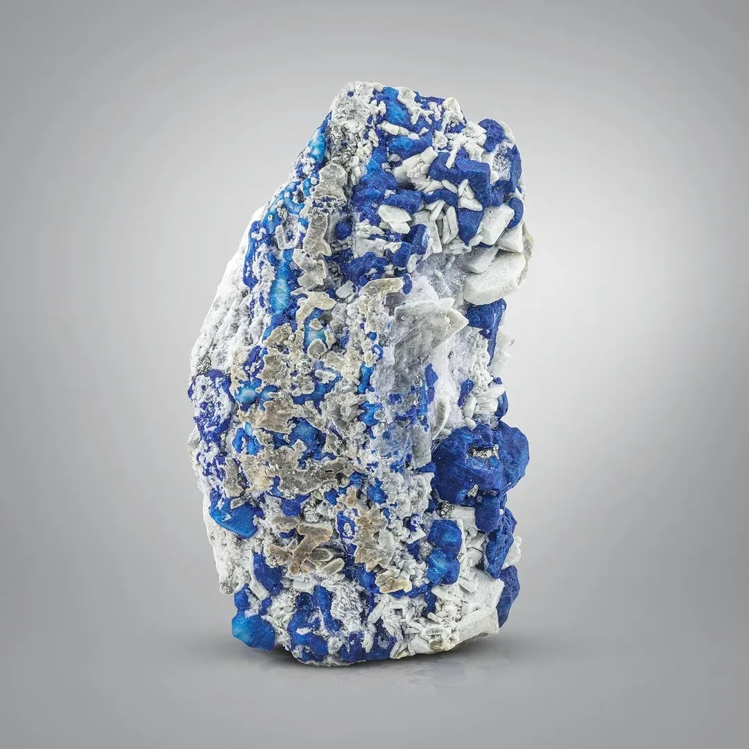 Blue Isometric Lazurite Crystals on Snowy White Calcite from Afghanistan