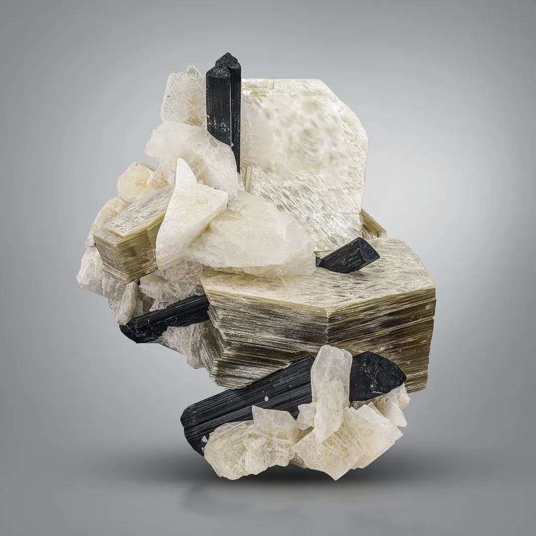 Combination of Black Tourmaline Crystals on Muscovite Matrix from Pakistan
