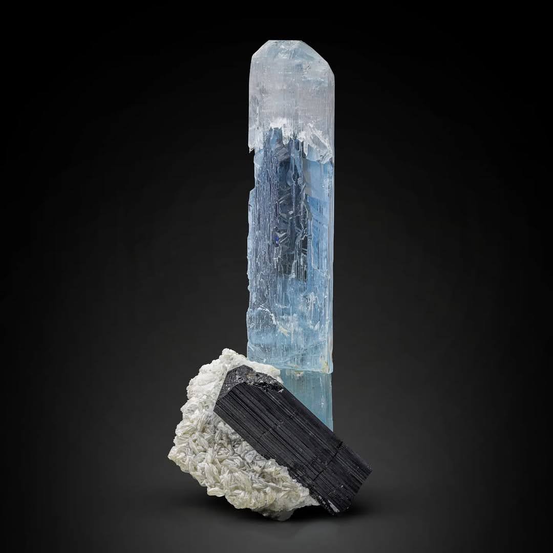 Free Standing Etched Aquamarine Crystal on Albite with Schorl from Pakistan
