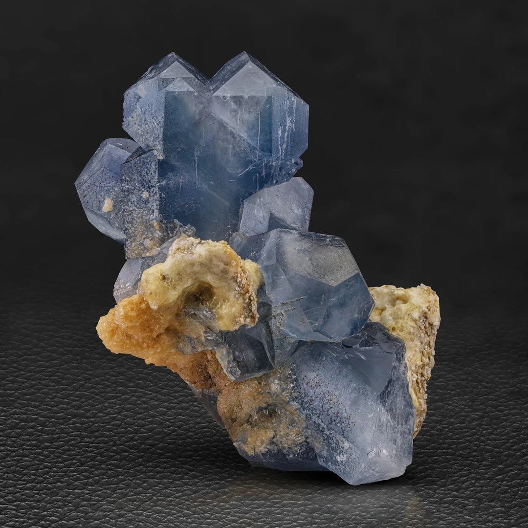 Cluster of Vibrant Blue Celestite Crystals on Calcite from Afghanistan
