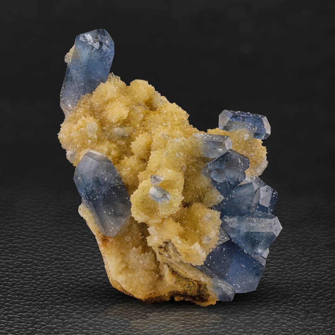 Robust Celestite Crystal Cluster on Honey Yellow Calcite from Afghanistan