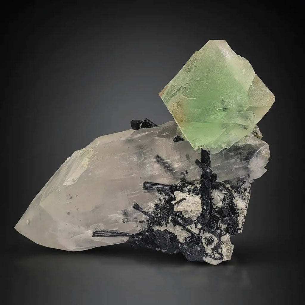 Green Fluorite Focal Crystal on Quartz with Black Schorl from Pakistan