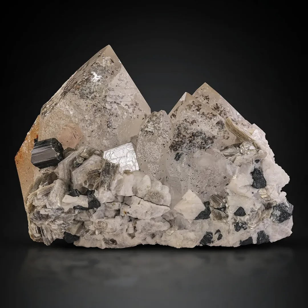 cluster of pointed terminated Quartz with Apatite and Schorl from Pakistan