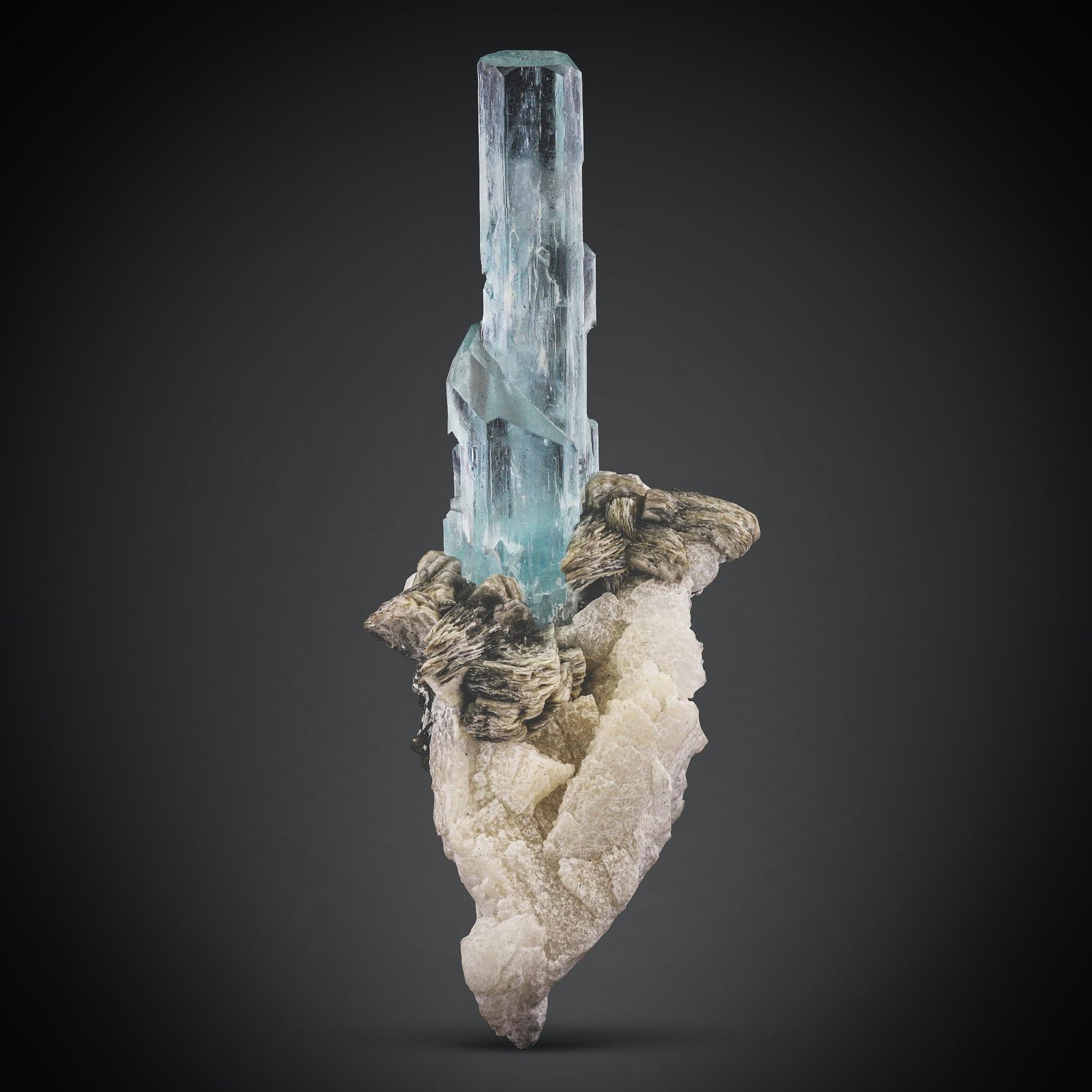 free standing blue color etched Aquamarine crystal on Albite From Pakistan
