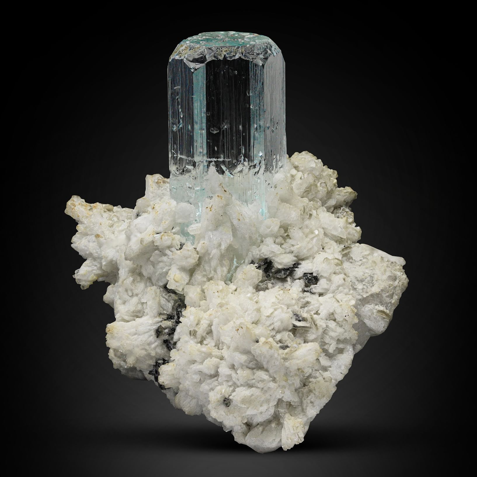 flawless Aquamarine crystal nicely positioned on Albite From Pakistan