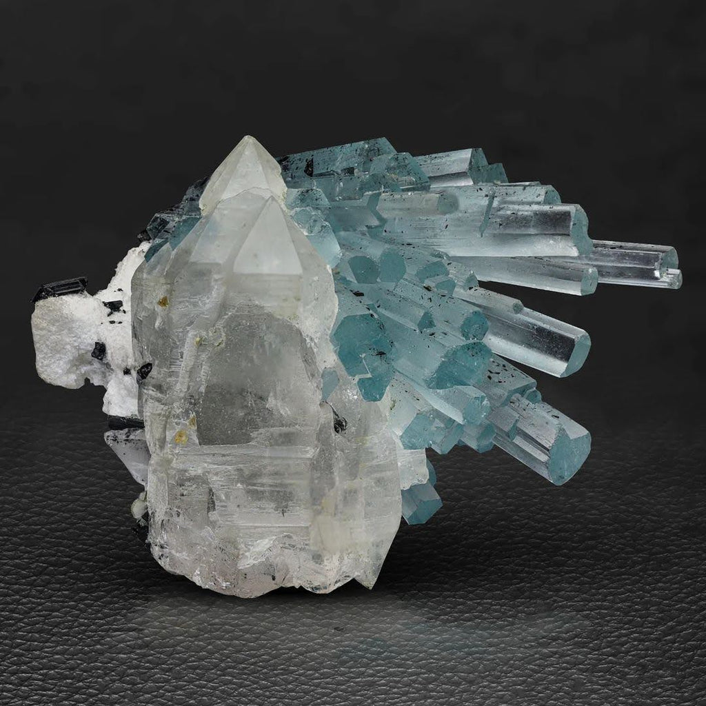Robust Cluster of Elongated Aquamarine Crystals with Quartz from Pakistan
