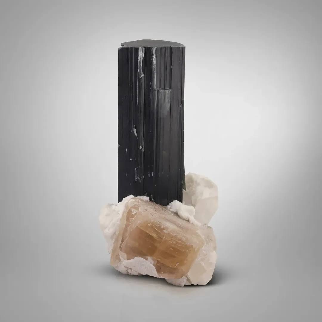 Free Standing Black Tourmaline Crystal on Yellow Apatite from Pakistan