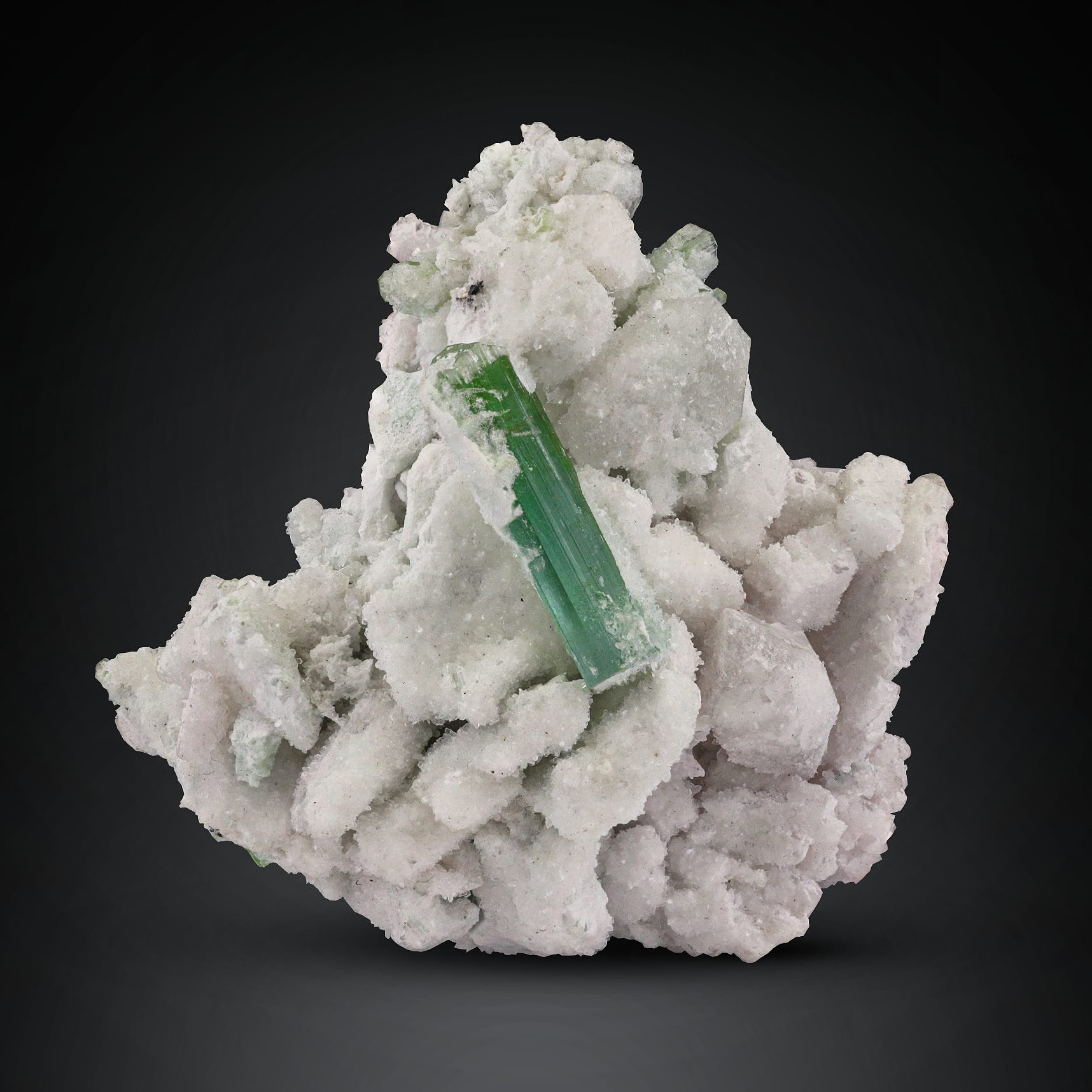 vibrant green Tourmaline crystal nestled in Lepidolite from Afghanistan