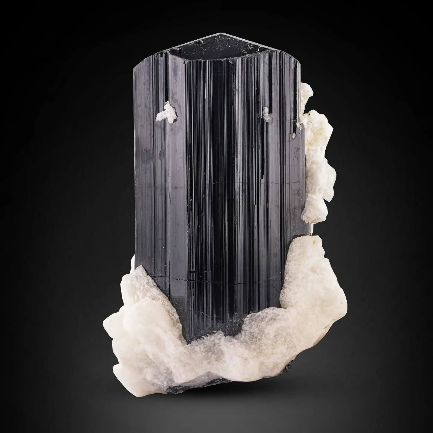 Heavily sharp striated Black Tourmaline crystal on Albite from Afghanistan
