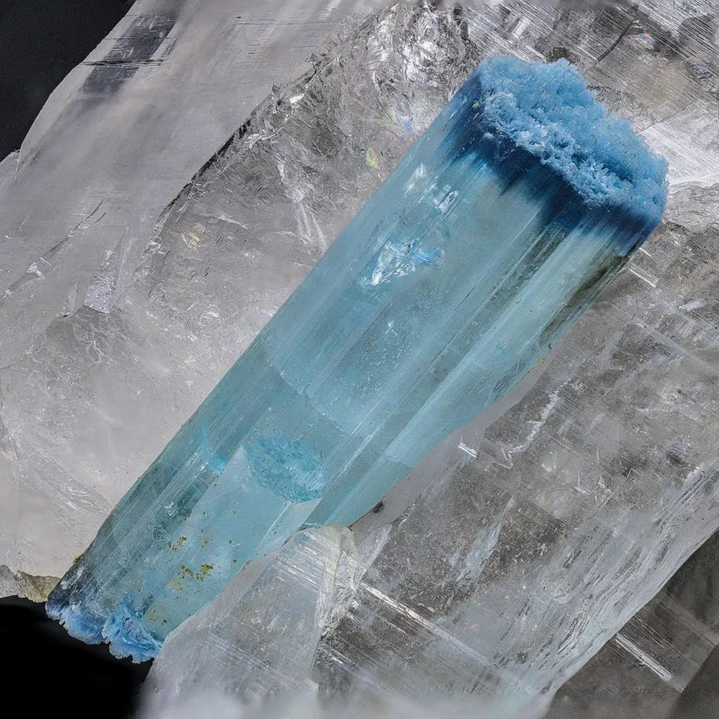 Vibrant Blue Aquamarine Crystal on Huge Pointed Terminated Quartz from Pakistan