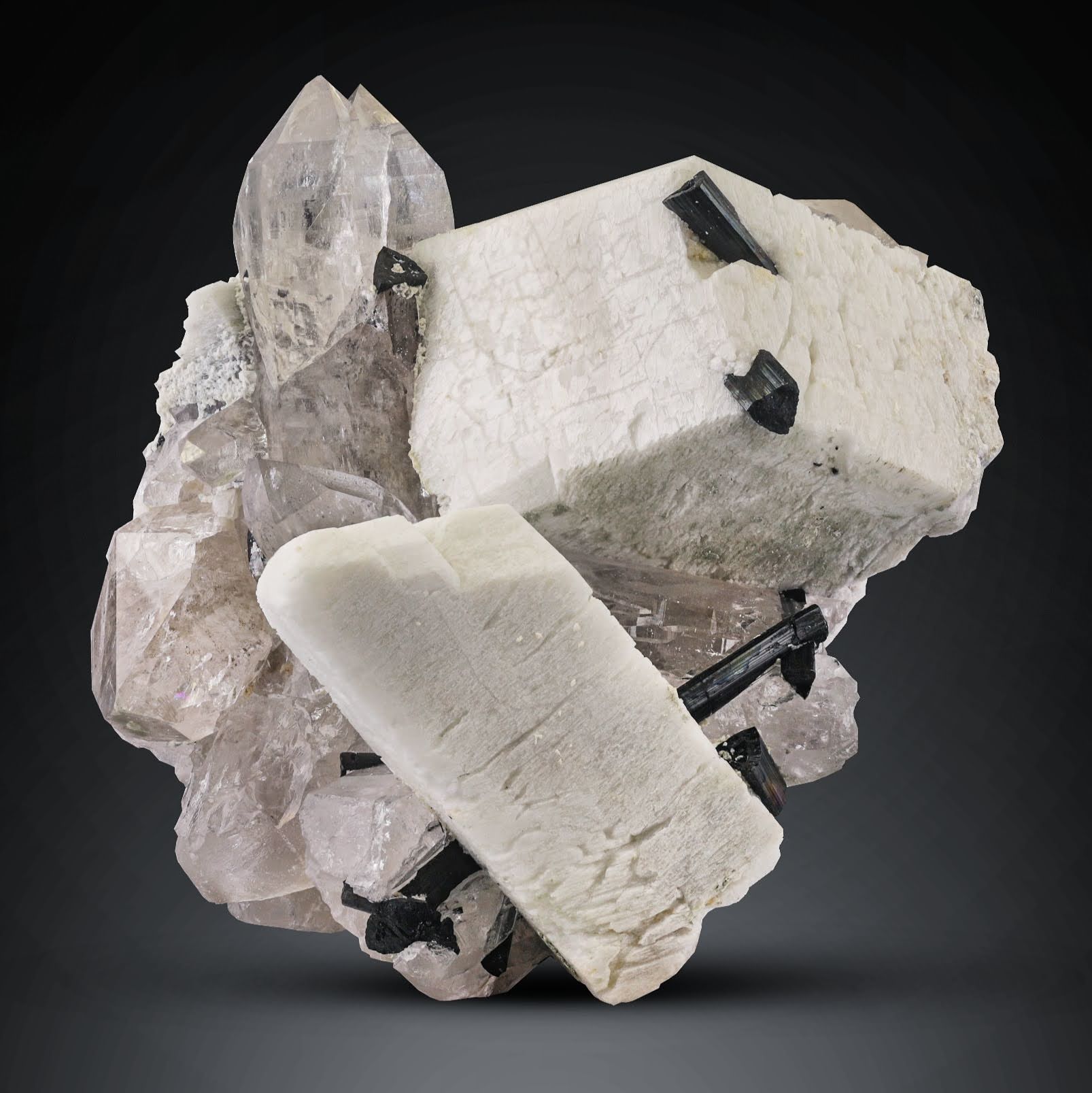 Microcline Feldspar crystals with Black Tourmaline on Quartz from Pakistan