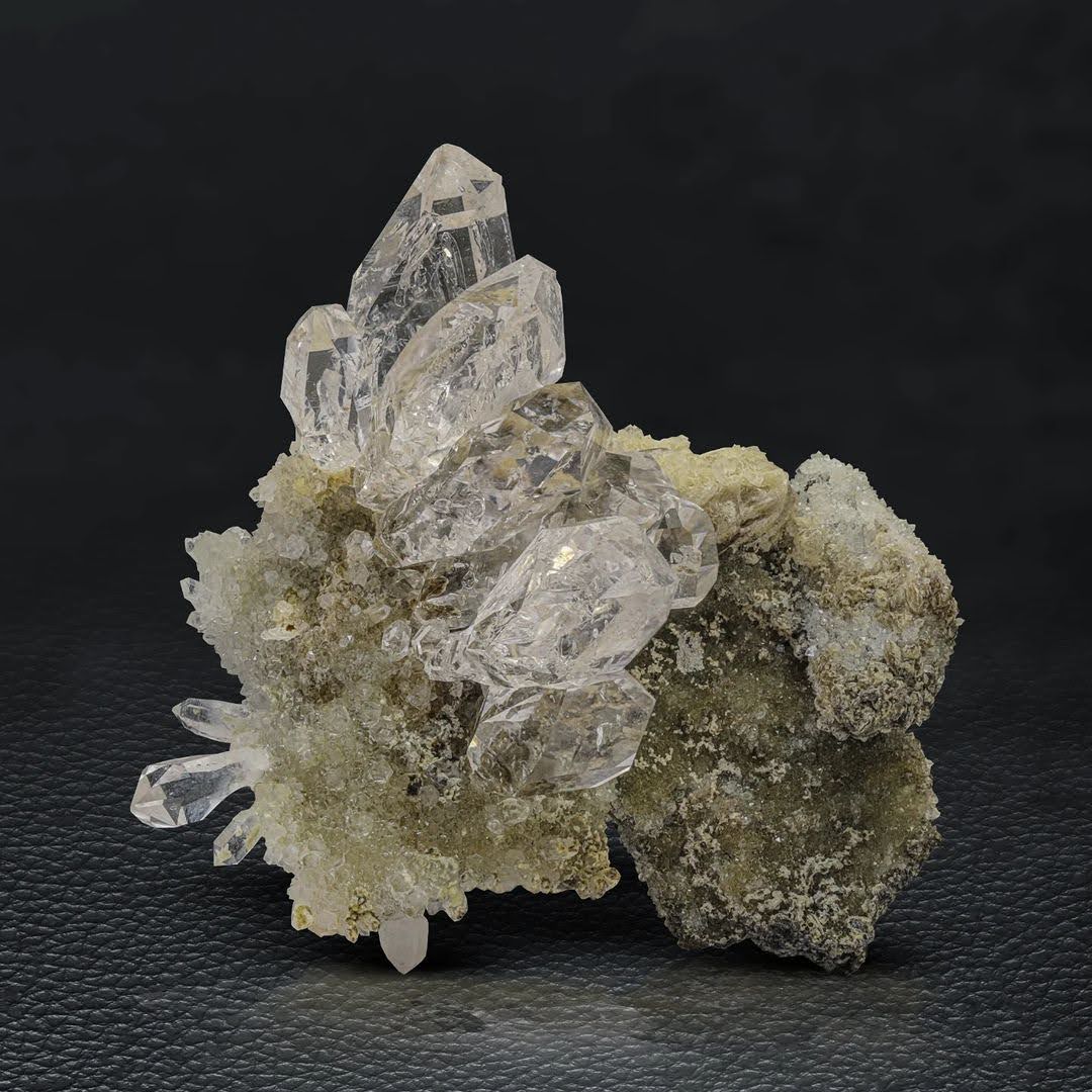 Clear Diamond Quartz Crystals on Yellow Druzy Calcite from Pakistan