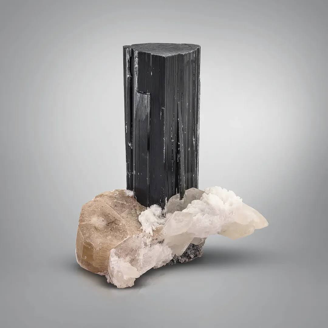 Free Standing Black Tourmaline Crystal on Yellow Apatite from Pakistan