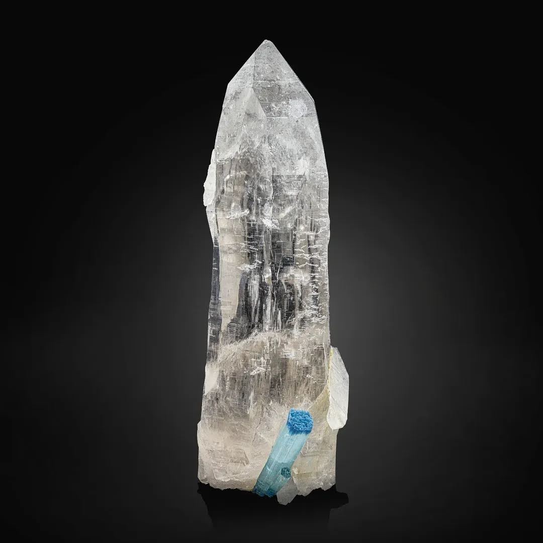 Vibrant Blue Aquamarine Crystal on Huge Pointed Terminated Quartz from Pakistan