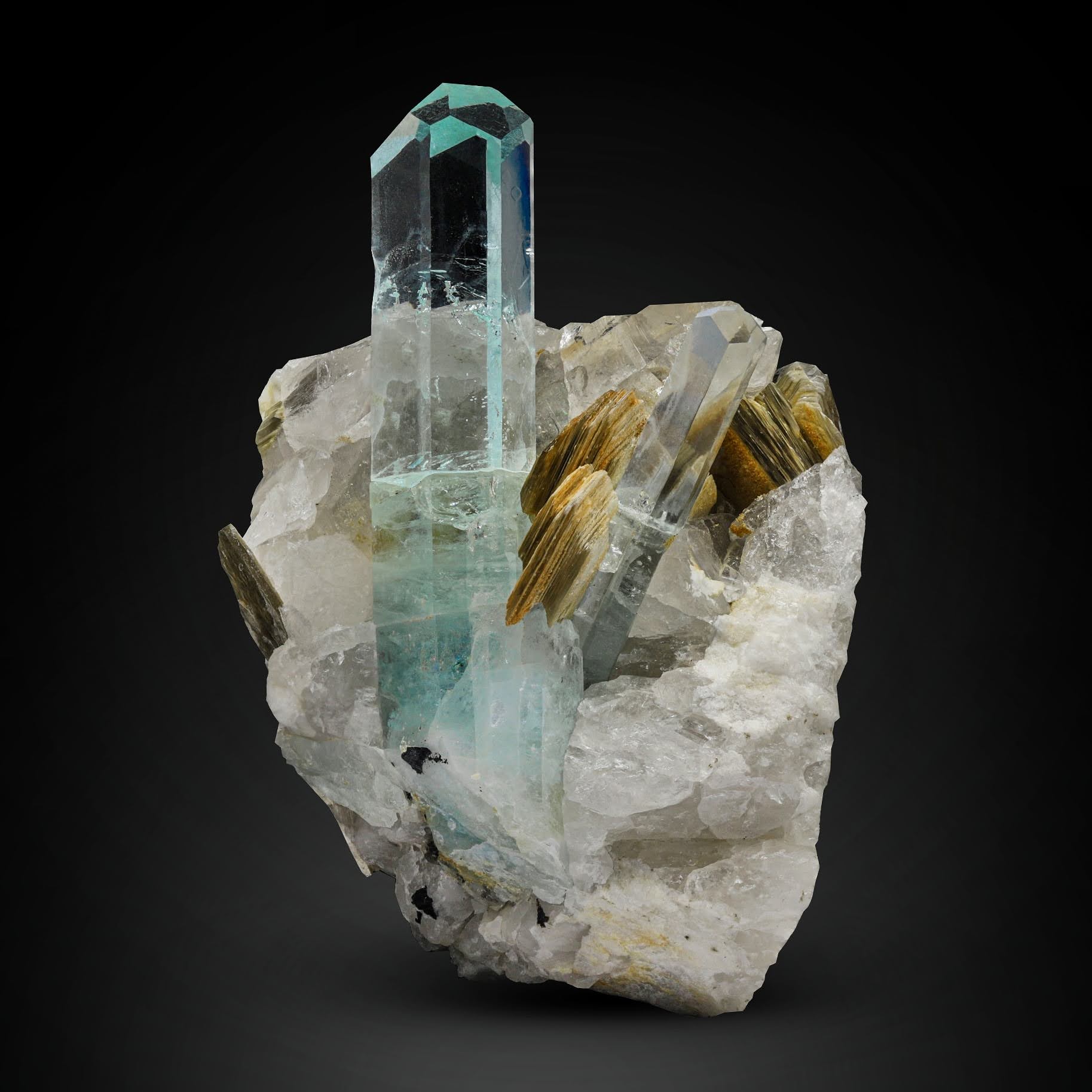 Aqua Blue diamond cut Aquamarine crystal on matrix from Pakistan