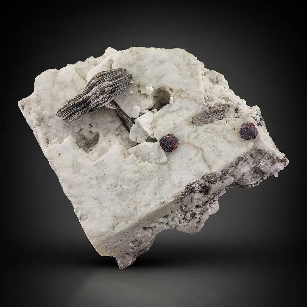 Red Spessertine Garnet on White Albite with Muscovite from Pakistan