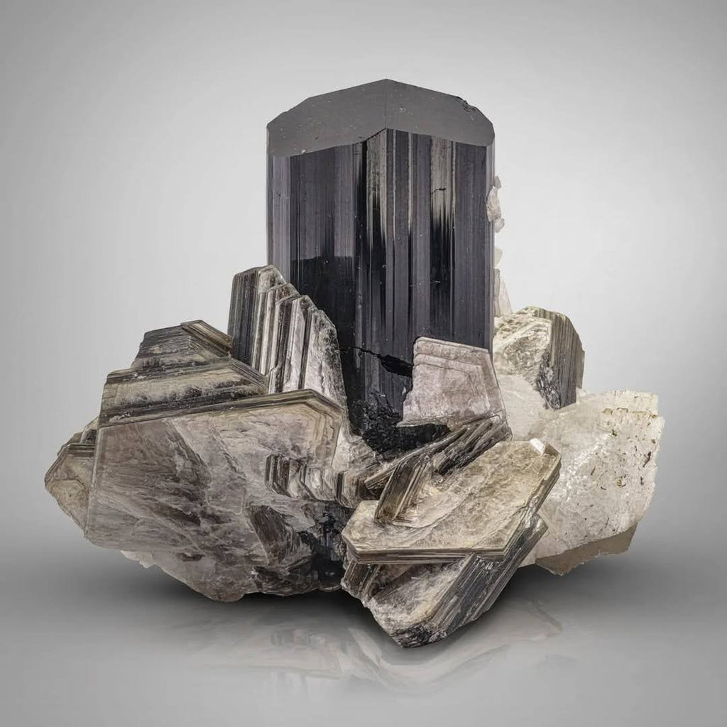 Black Tourmaline crystal on Muscovite with Spessertine Garnet from Pakistan