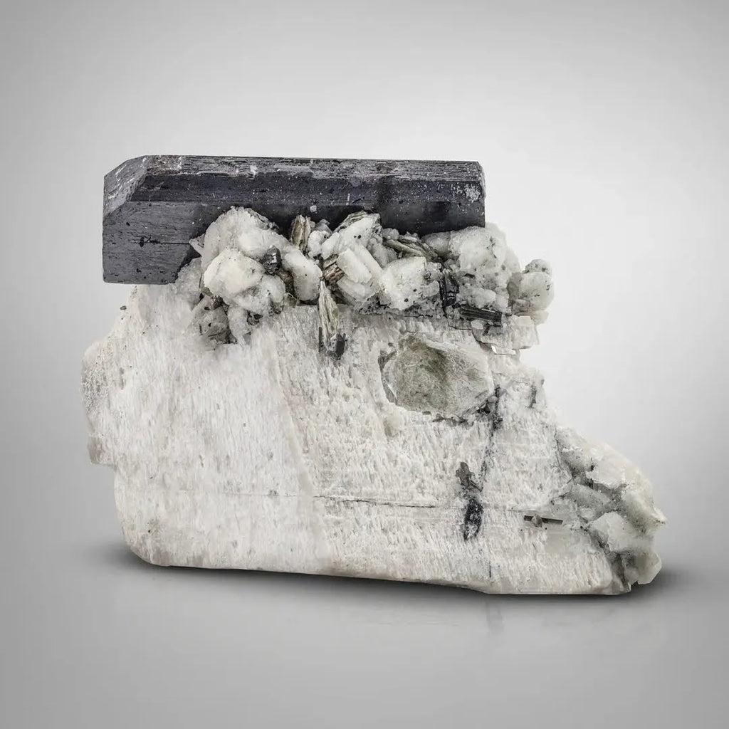 Double Terminated Tantalite Crystal on Feldspar with Tourmaline from Afghanistan