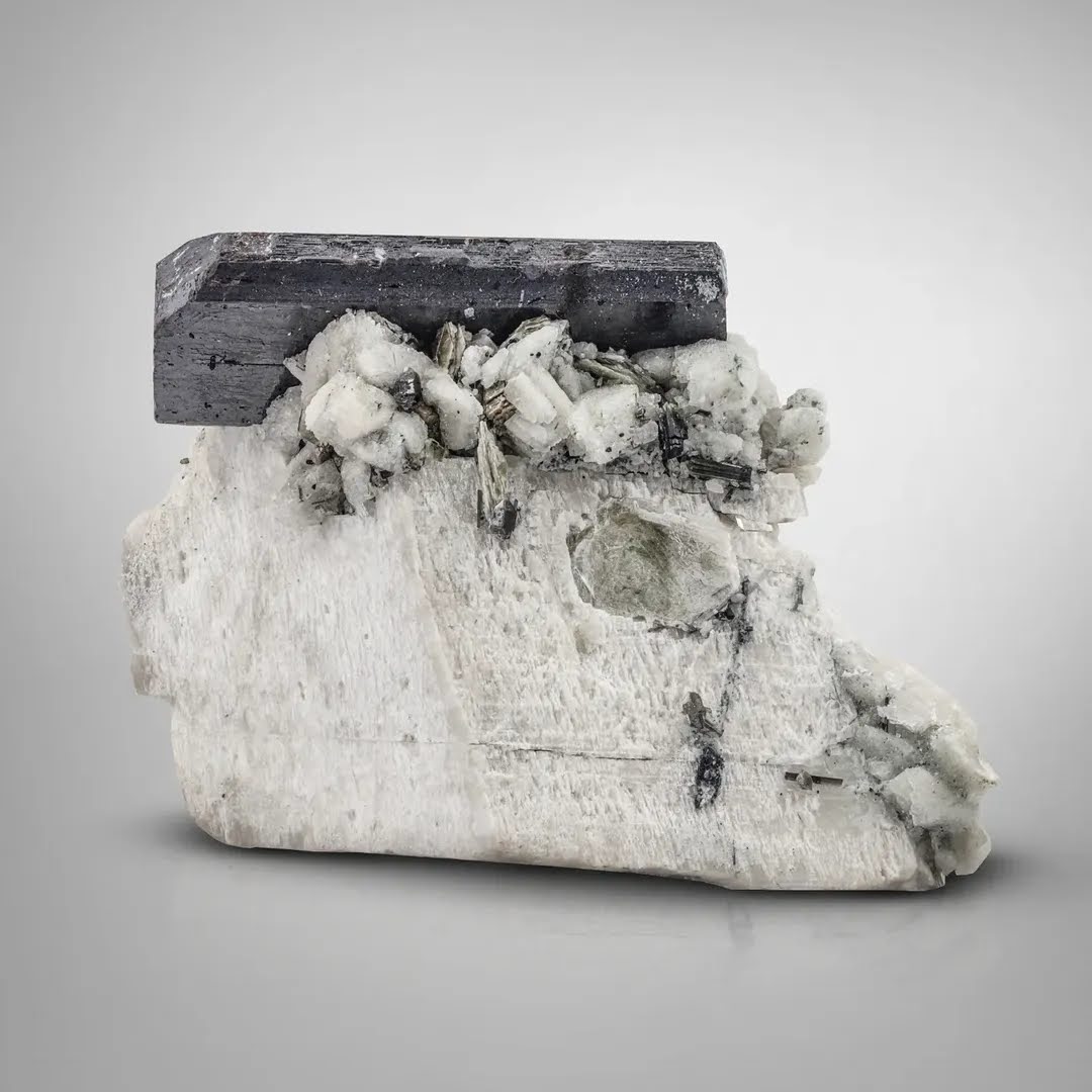 Double Terminated Tantalite Crystal on Feldspar with Tourmaline from Afghanistan