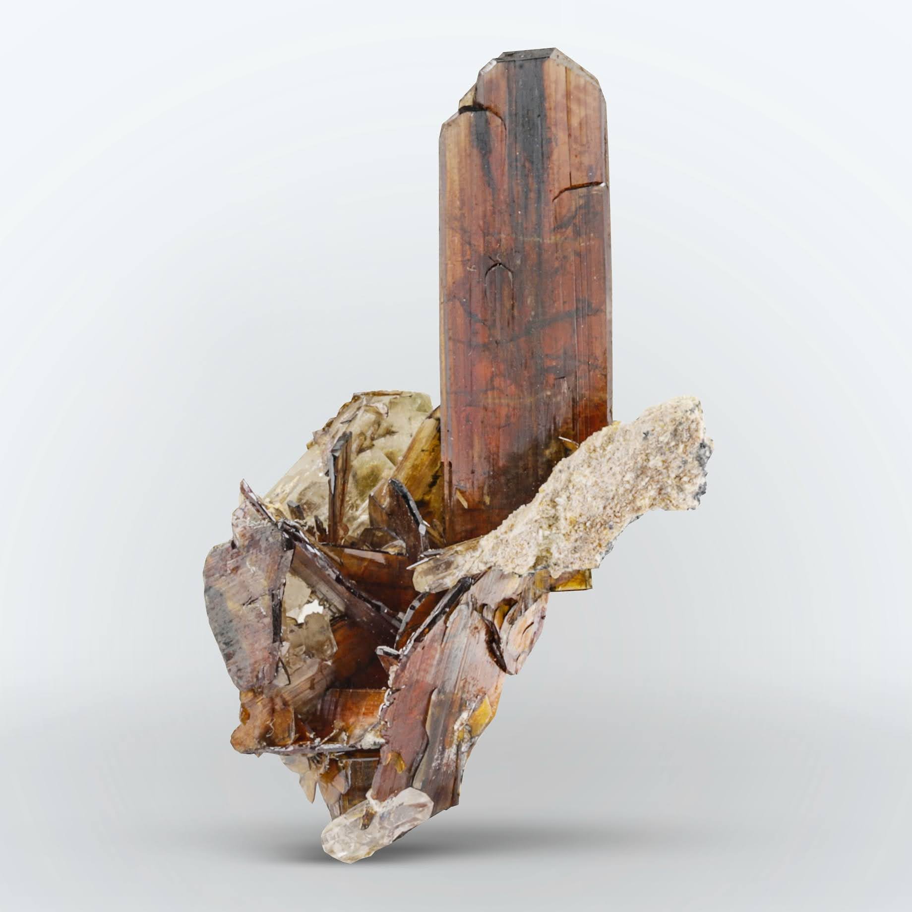 free standing Red Brookite crystal on Albite from Pakistan