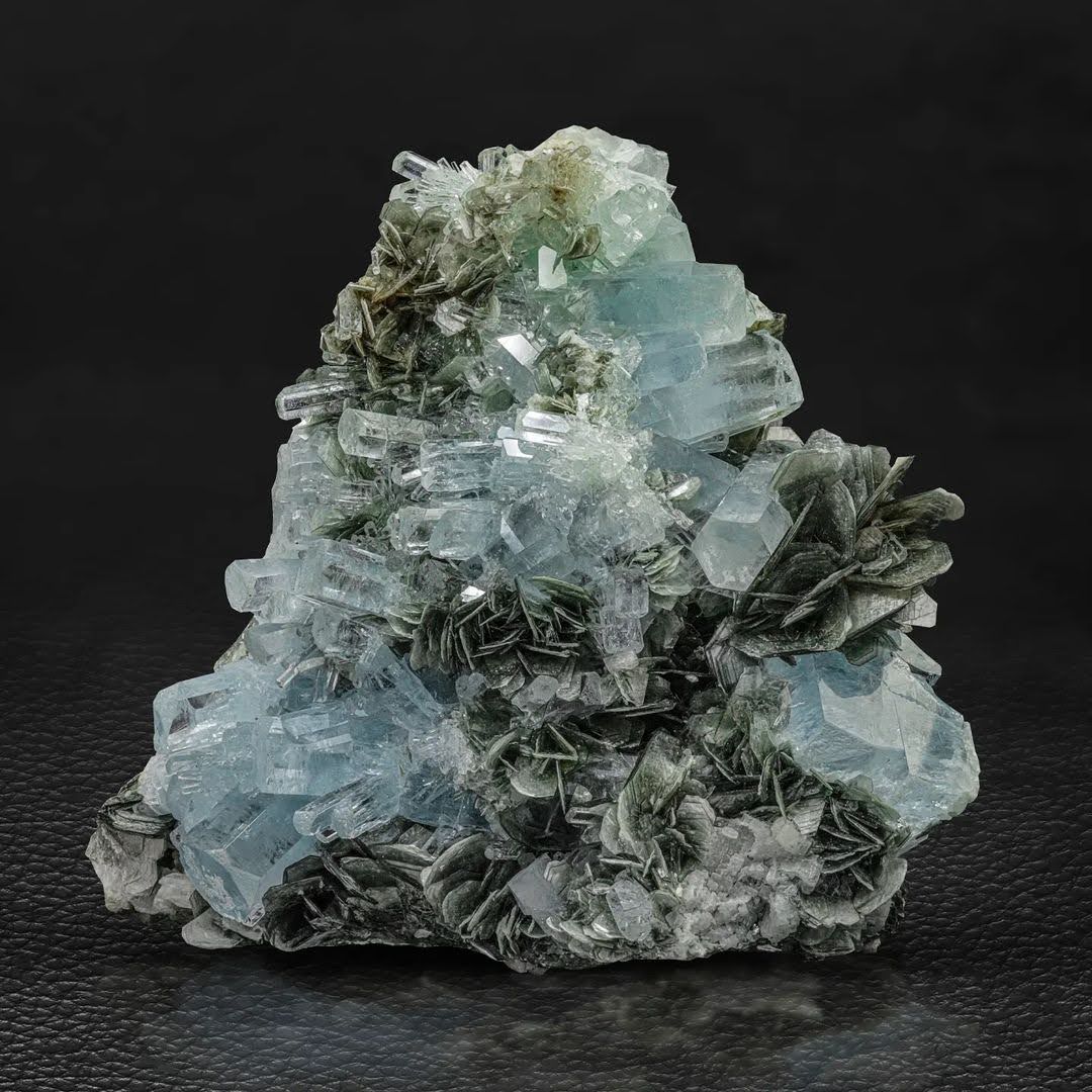 Blue Aquamarine Crystal Cluster on Muscovite Mica From Pakistan