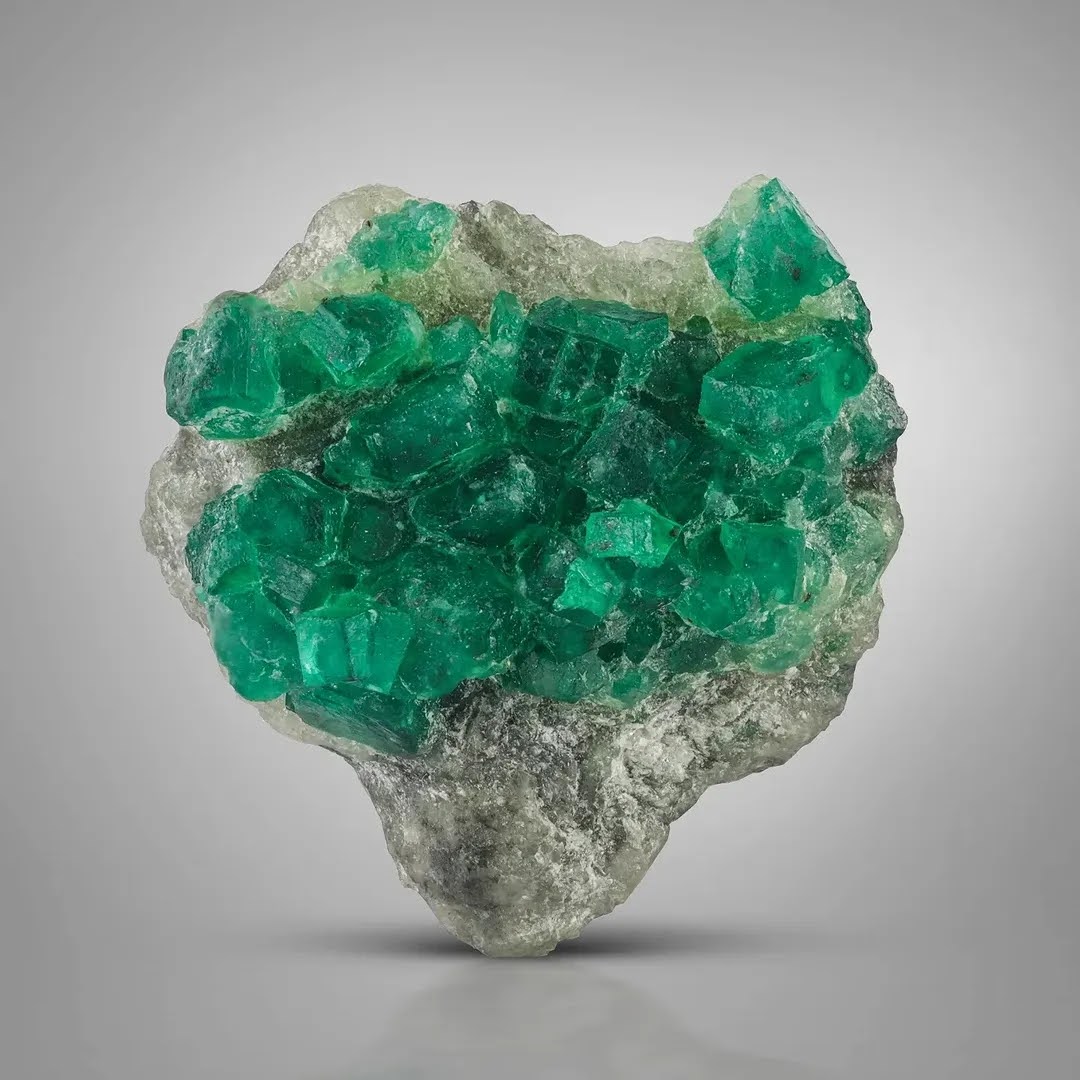 Green Robust Cluster of Emerald Crystals on Calcite from Pakistan