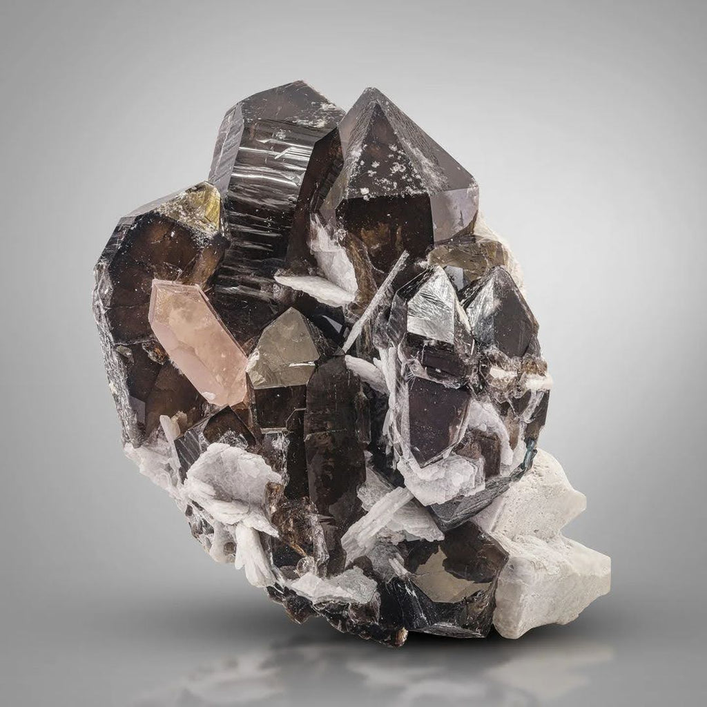 Peach Morganite Tabular Crystal on Smoky Quartz with Albite from Afghanistan