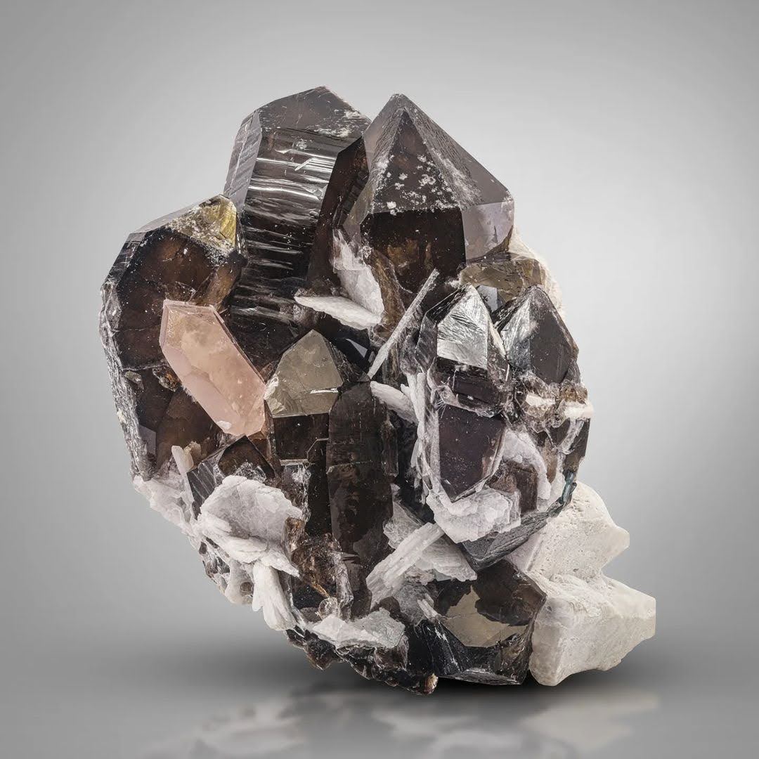 Peach Morganite Tabular Crystal on Smoky Quartz with Albite from Afghanistan