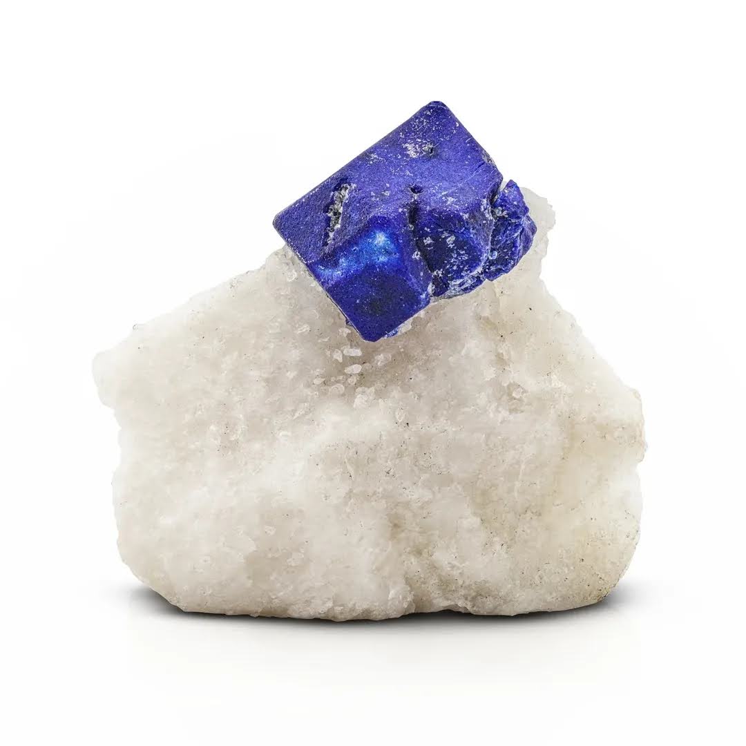 Blue Focal Crystal of Rare Lazurite on Calcite Matrix from Afghanistan