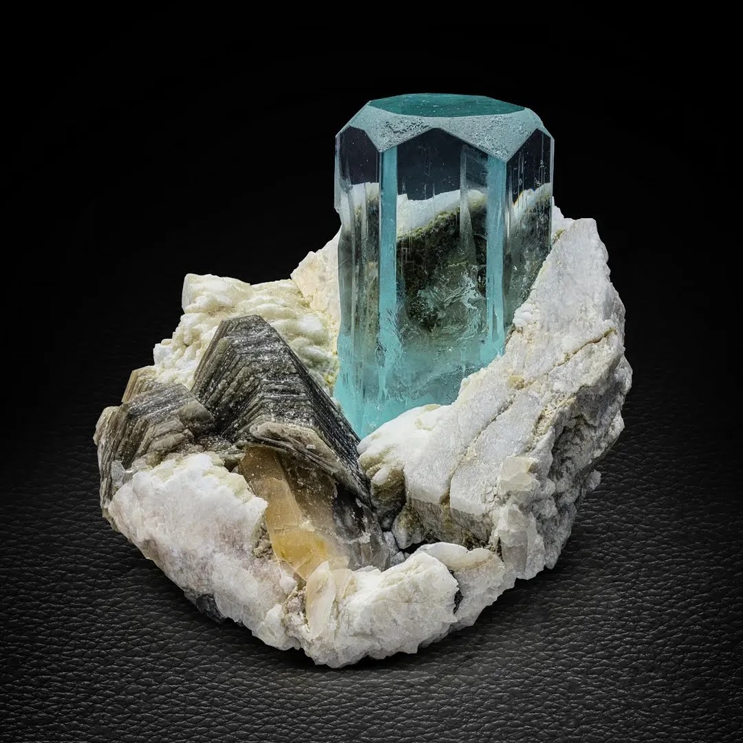 Multi Faced Aquamarine Crystal on Albite with Quartz from Pakistan