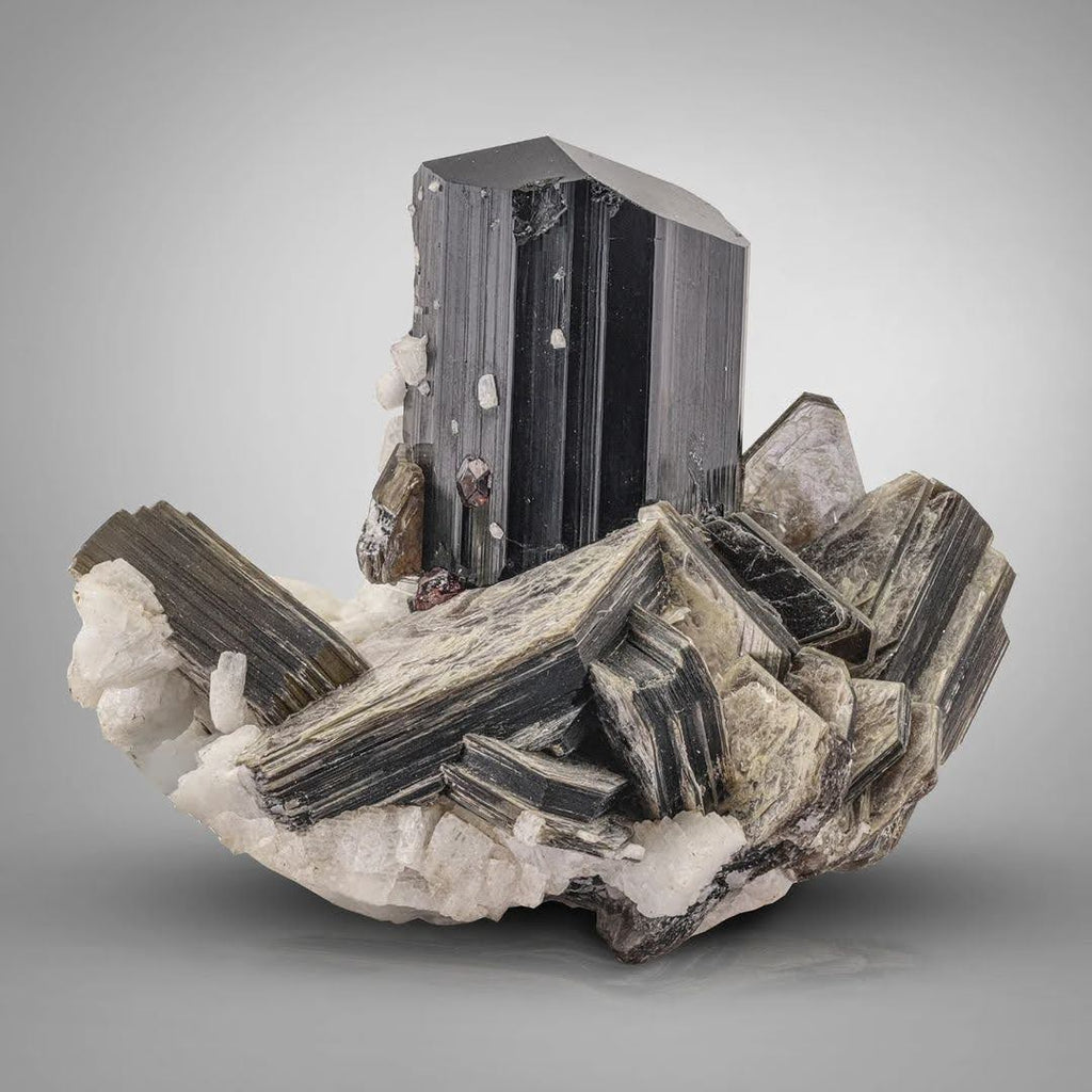 Black Tourmaline crystal on Muscovite with Spessertine Garnet from Pakistan