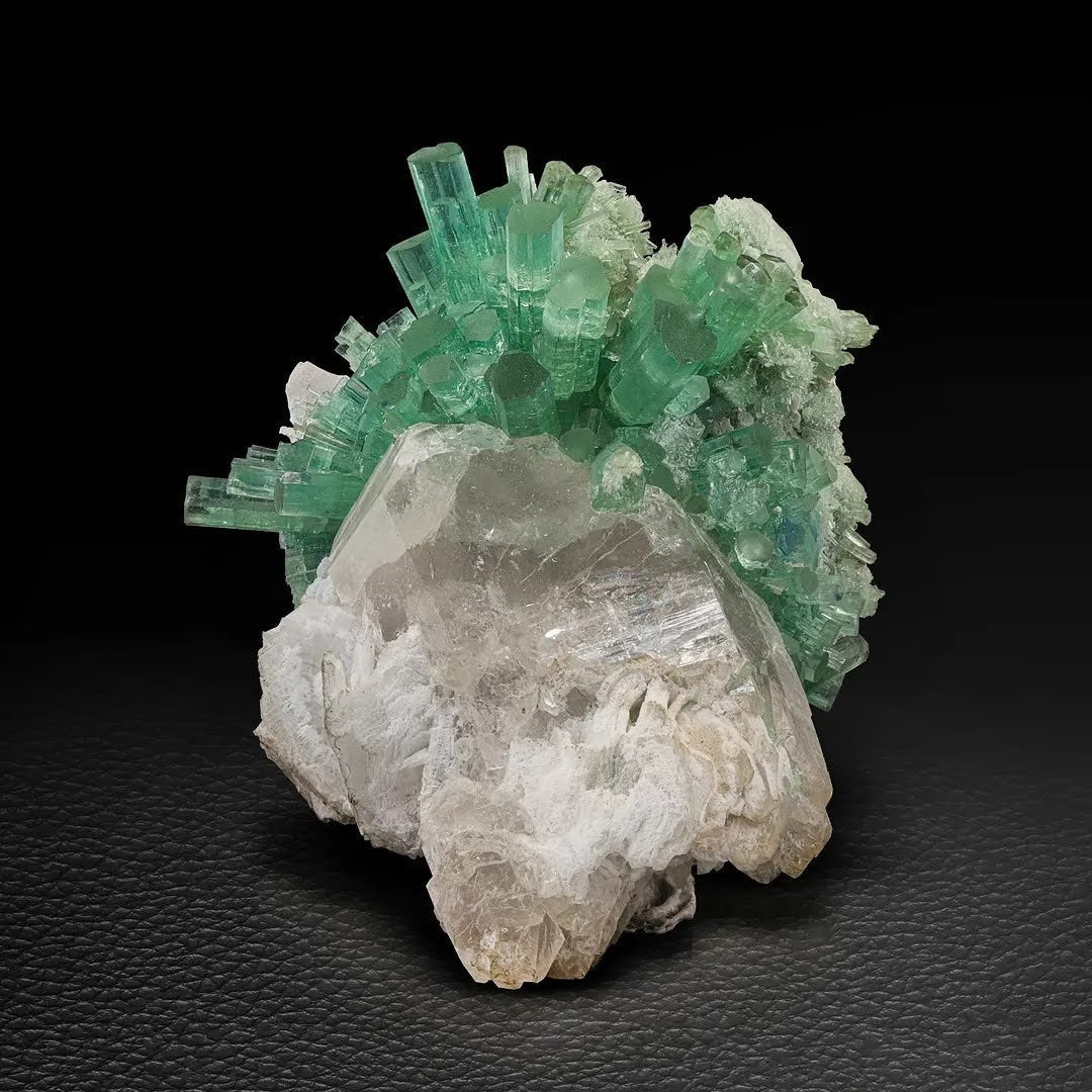 Mint-Green Tourmaline Crystal Cluster on Smoky Quartz from Afghanistan