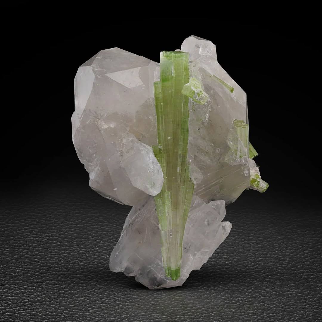 Mint-Green Tourmaline Crystals on Double Terminated Quartz from Pakistan