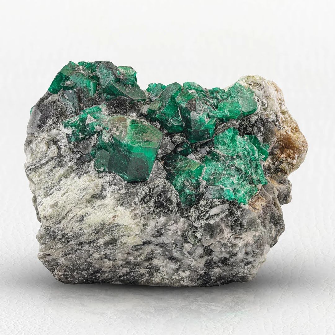 Deep Green Color Emerald Crystal Cluster on Calcite from Pakistan