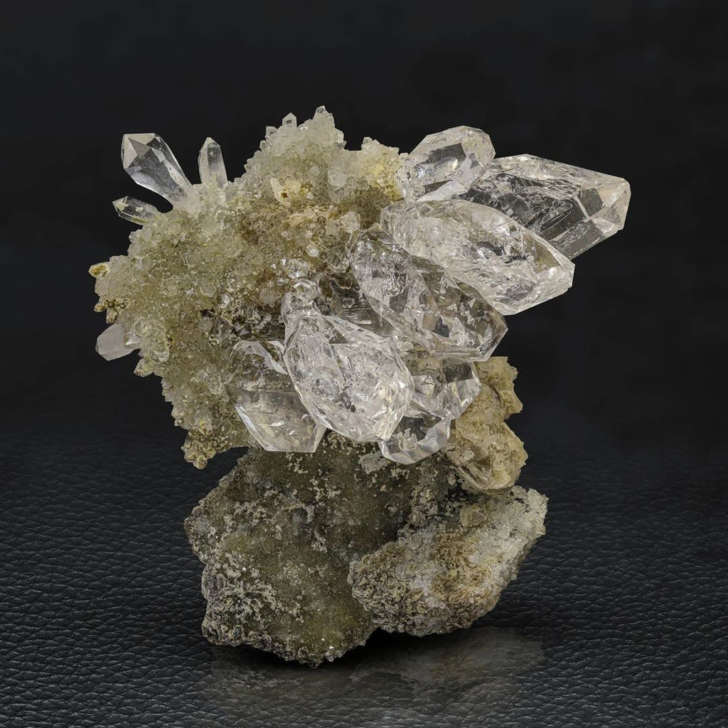 Clear Diamond Quartz Crystals on Yellow Druzy Calcite from Pakistan