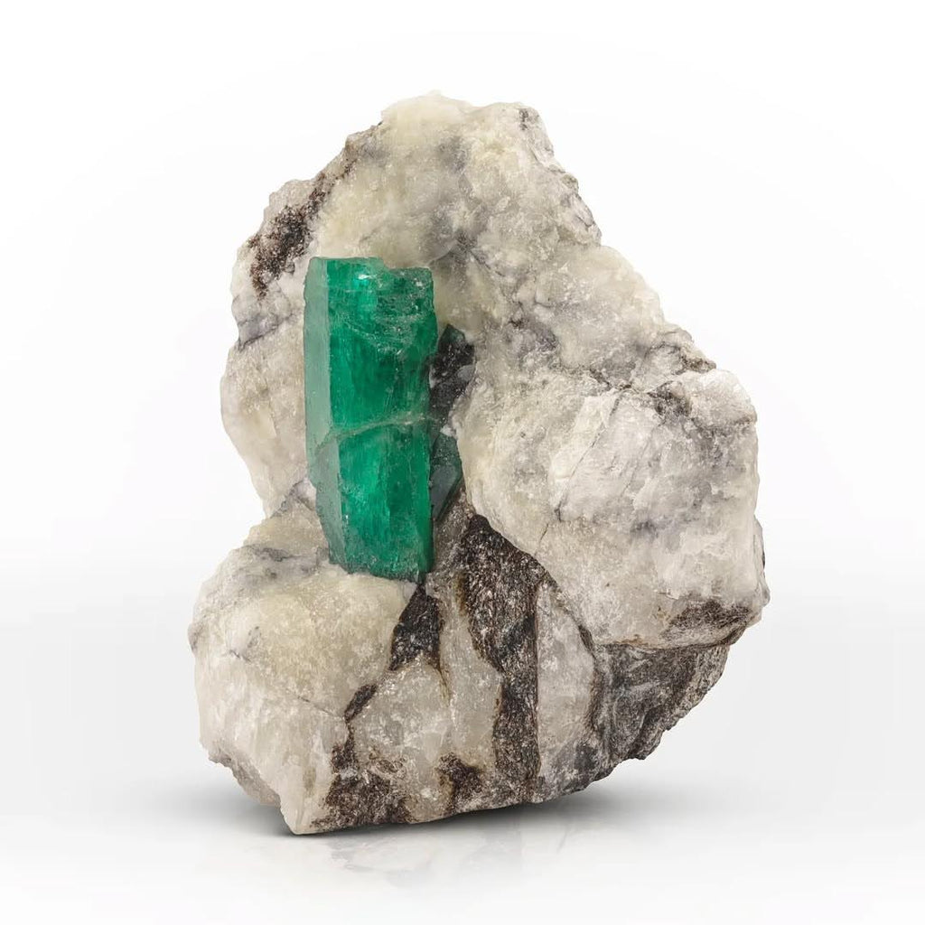 Deep Green Free Standing Emerald Crystal on Calcite Matrix from Pakistan