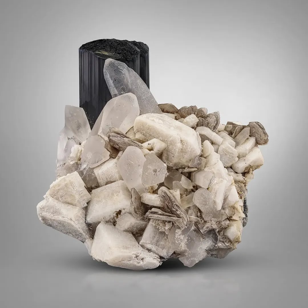 Lustrous Schorl Black Tourmaline with Quartz on Albite from Pakistan
