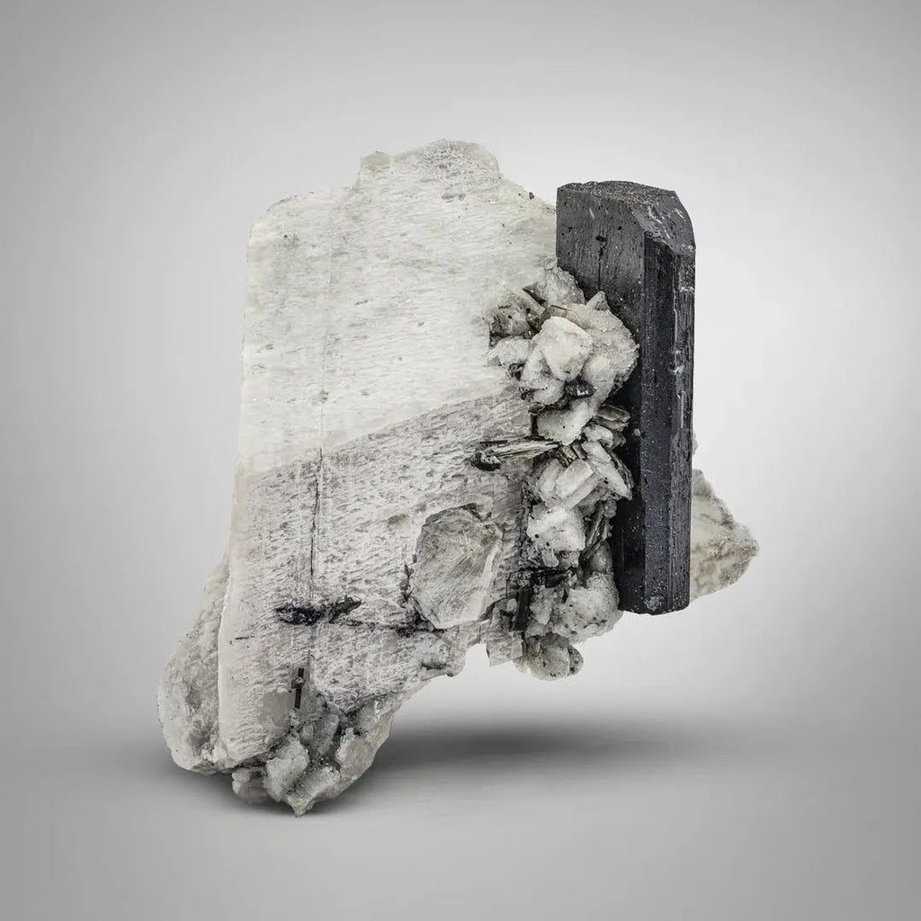Double Terminated Tantalite Crystal on Feldspar with Tourmaline from Afghanistan