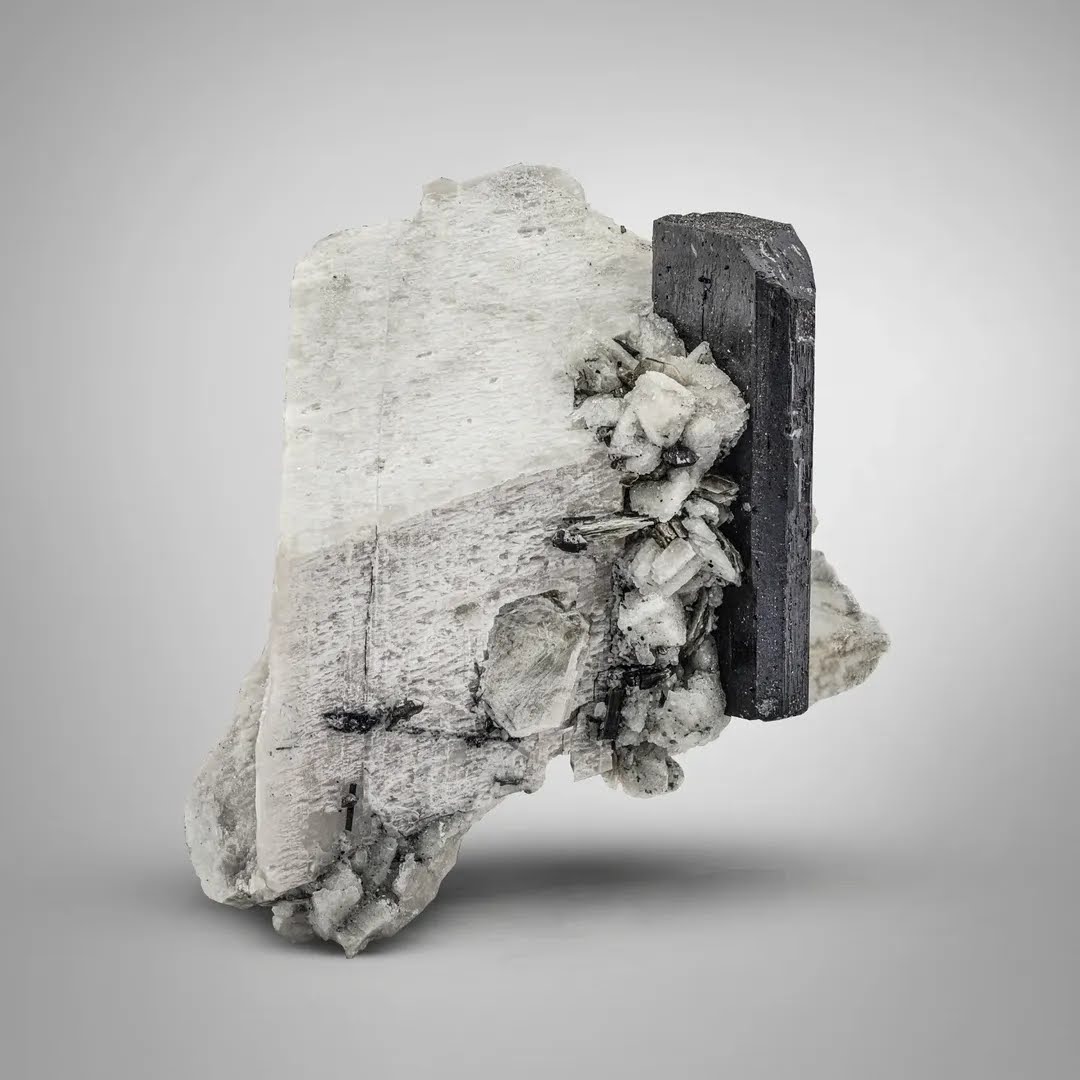 Double Terminated Tantalite Crystal on Feldspar with Tourmaline from Afghanistan