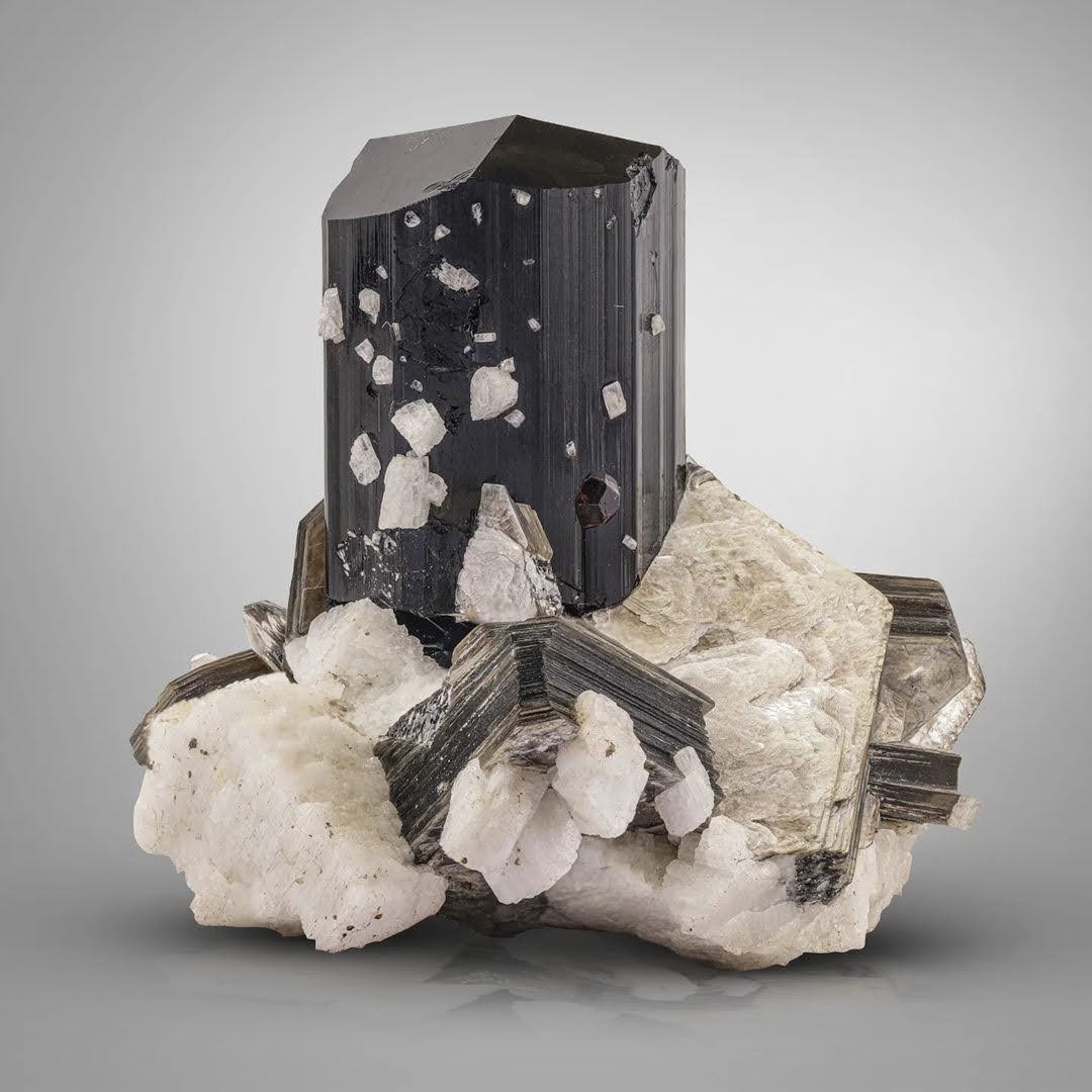 Black Tourmaline crystal on Muscovite with Spessertine Garnet from Pakistan