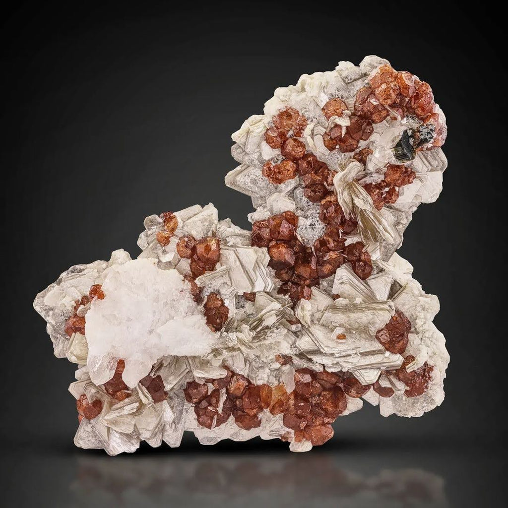 Red Hassonite Garnet Crystals on Muscovite with Schorl from Pakistan